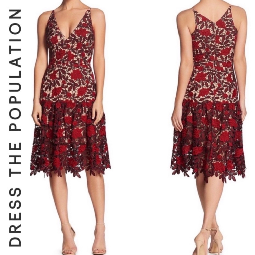 DRESS THE POPULATION Dress Aurora A-Line Red Embroidered Dress Size medium